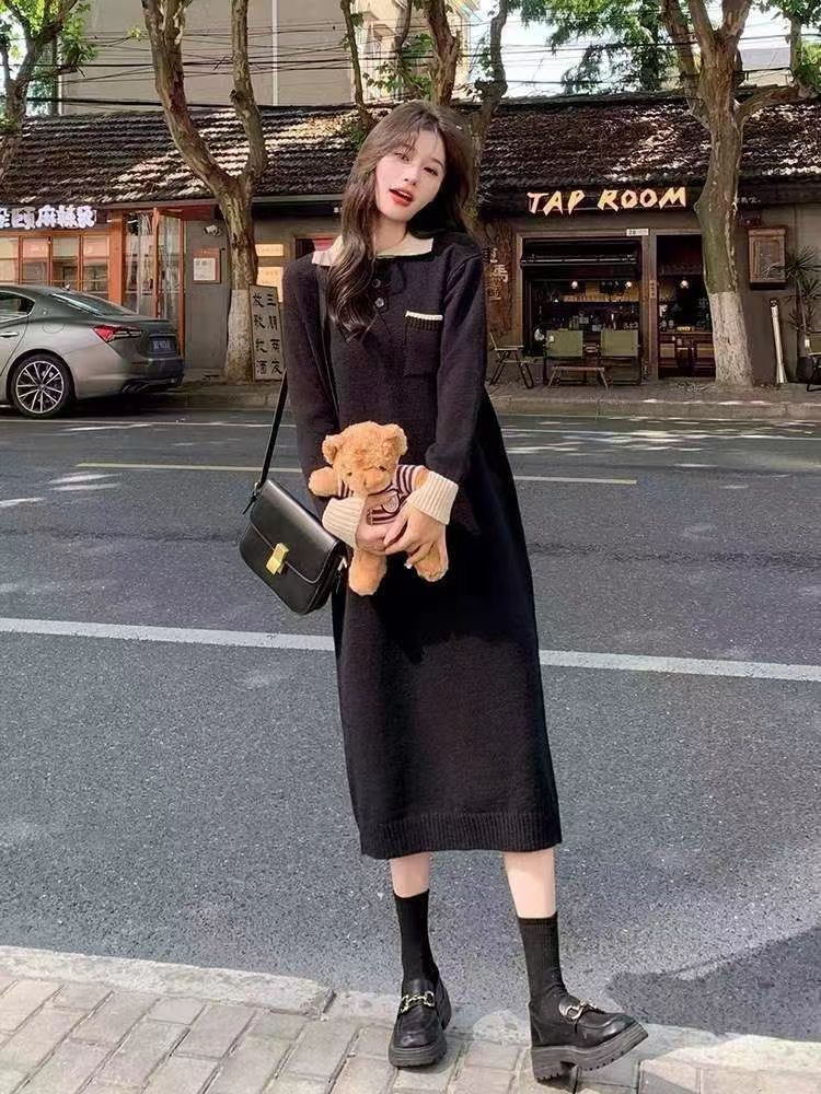 New autumn and winter POLO collar mid-length knitted dress, feminine straight-leg casual Korean style college style sweater dress