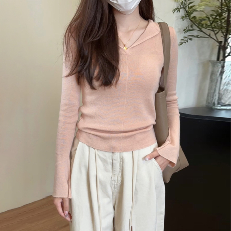 Pink v-neck sweater for women 2023 new early and early autumn thin inner layering shirt, long-sleeved top, lazy style