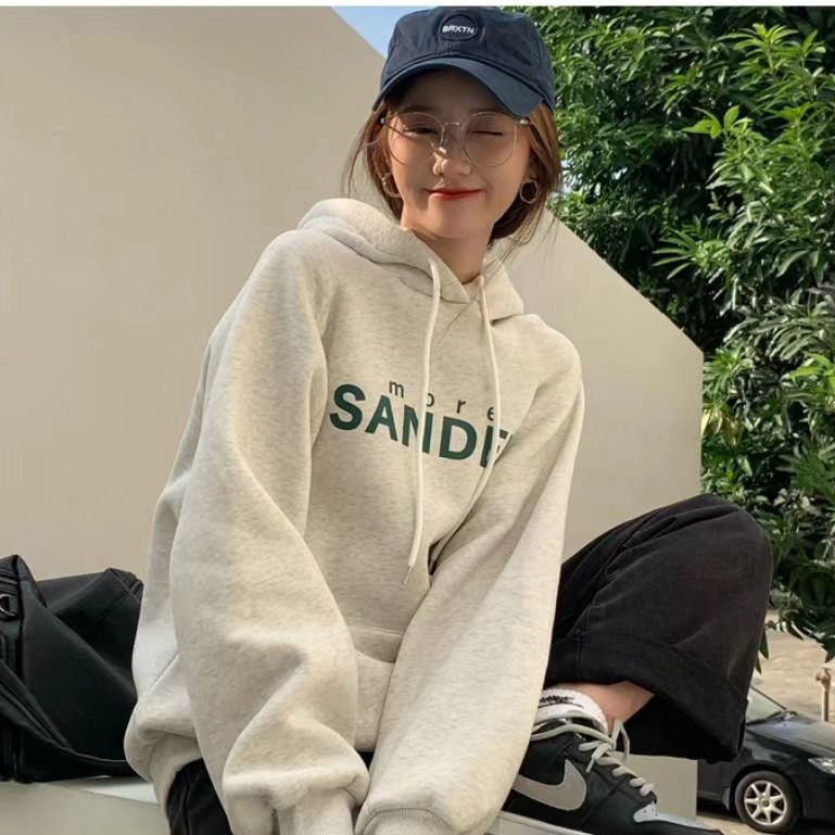 Velvet and thickened Korean style letter printed hooded loose casual white lazy style sweatshirt for women trendy ins
