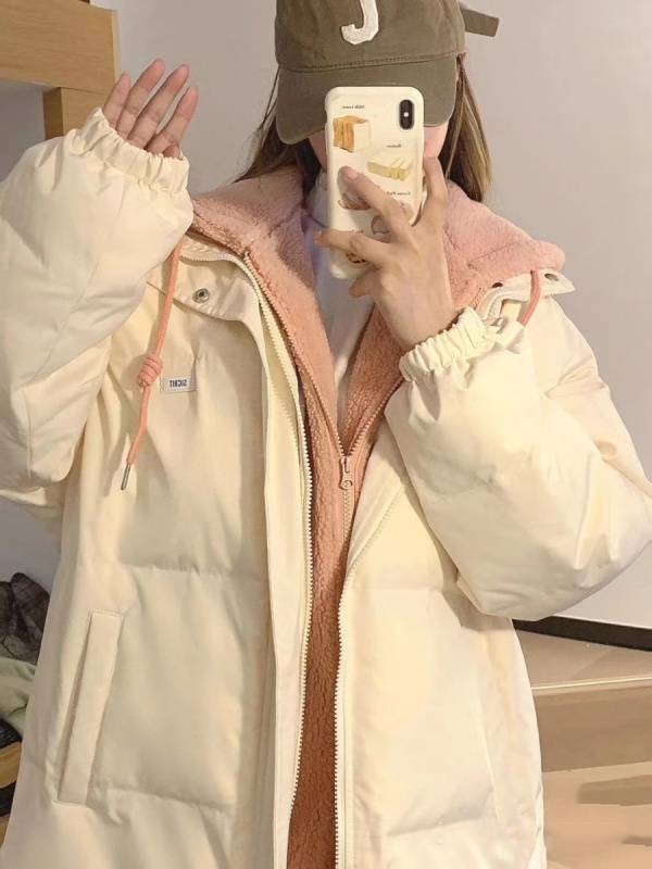 Lamb wool splicing fake two-piece thickened hooded cotton coat for women 2023 new Japanese sweet down cotton coat