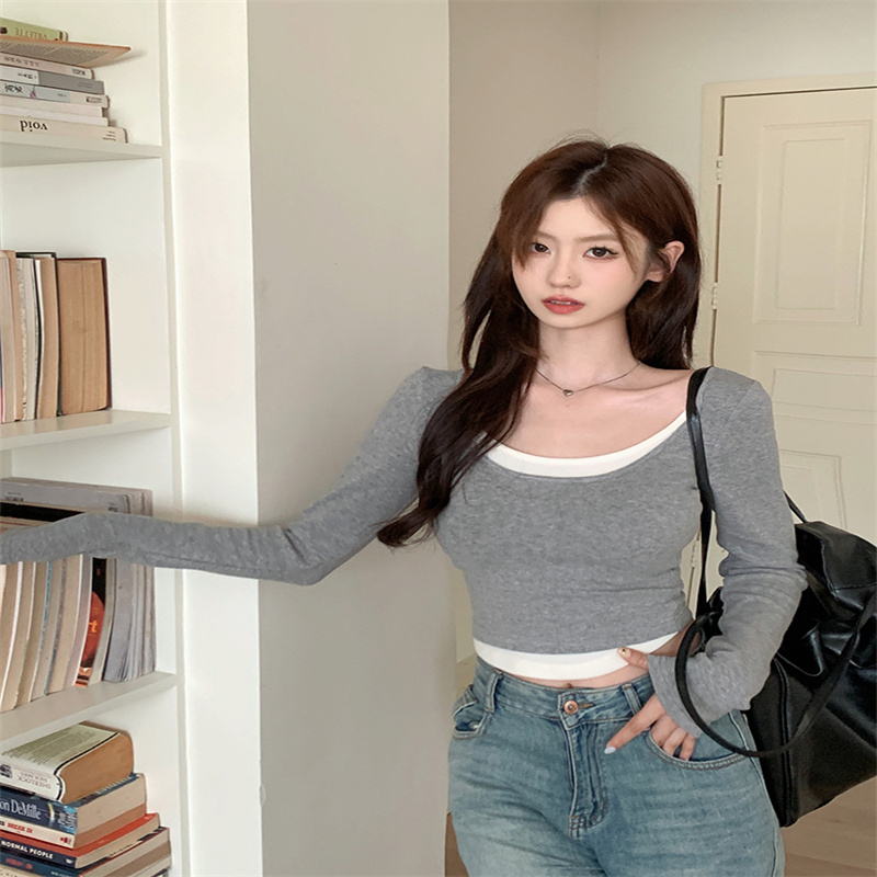 Plush velvet and thickened fake two-piece long-sleeved T-shirt for women in autumn with chest pad, slim and slim inner layering, short top with bottoming shirt