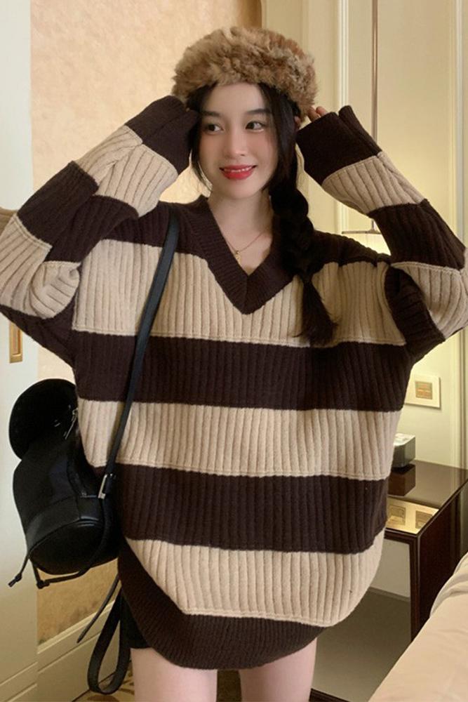 寬鬆V領條紋毛衣女中長款秋冬2023新款復古慵懶風針織上衣高級感