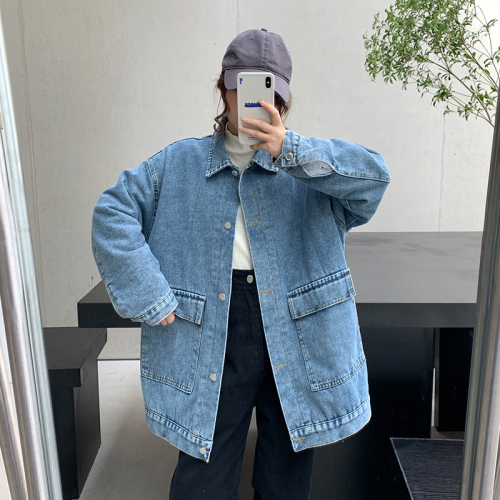 Real shot~Fleece thickened denim jacket for women in autumn and winter loose Harajuku bf style retro denim jacket trendy