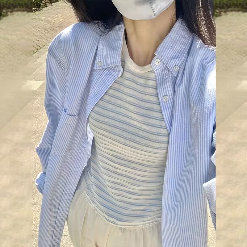 藍色條紋衣襯衫女秋季港風chic別致小眾法式上衣長袖襯衣外套