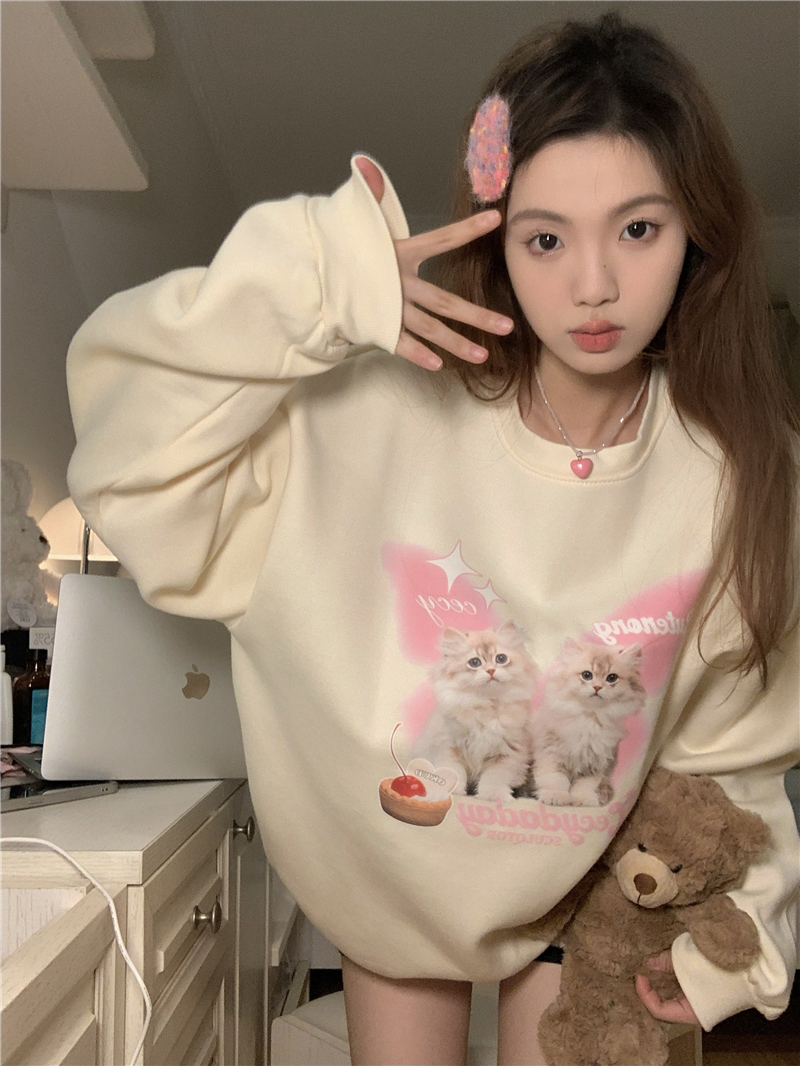 實拍 原創 韓系可愛暈染貓咪印花寬鬆奶fufu加絨圓領長袖衛衣
