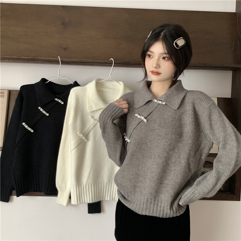 翻領毛衣女冬季套頭溫柔風寬鬆外穿設計感小眾羊絨加厚內搭打底衫