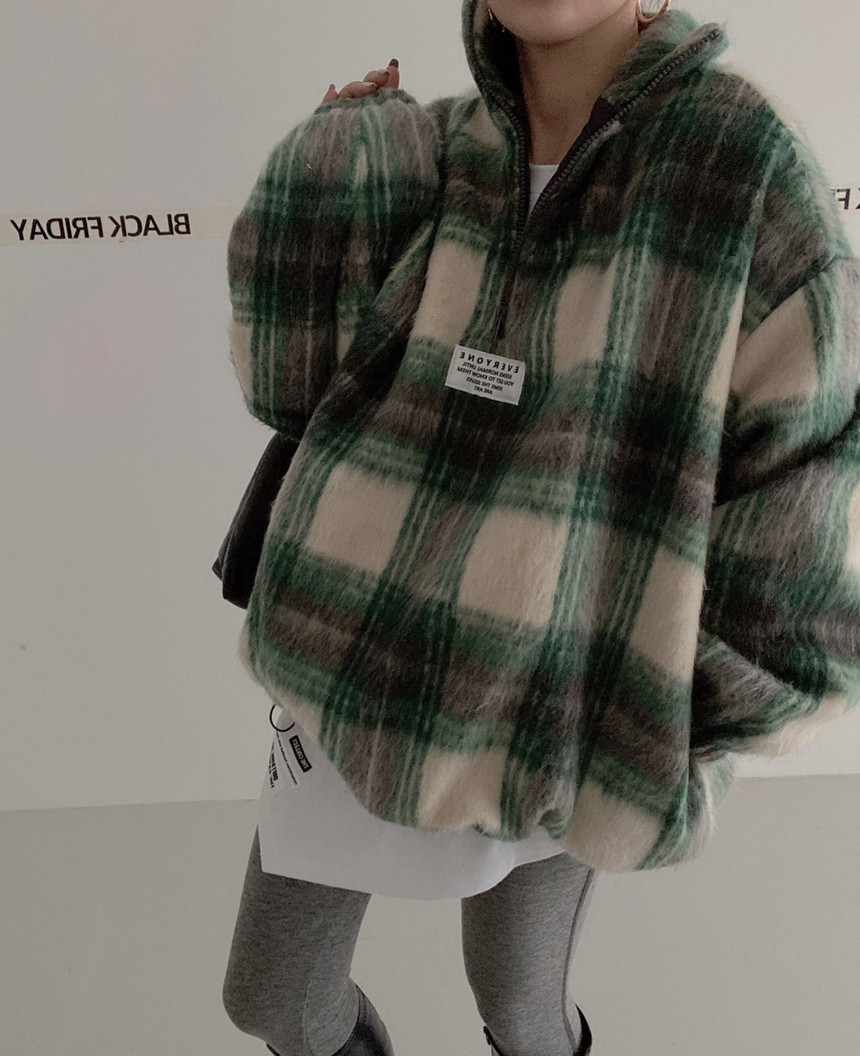 韓國chic秋冬小眾氣質立領格紋毛呢衛衣女