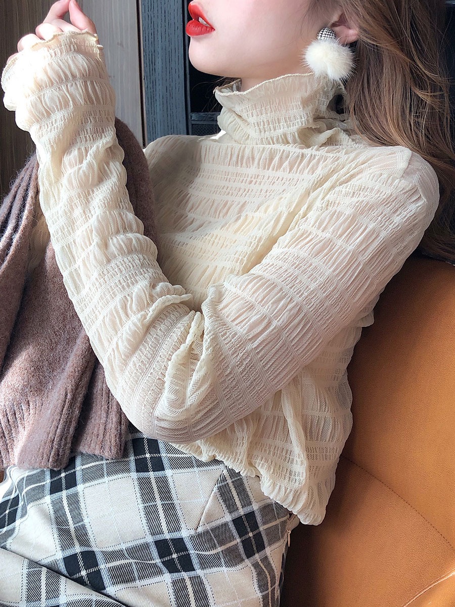 高領蕾絲打底衫女秋冬新款長袖毛衣內搭紗衣洋氣百褶神仙網紗上