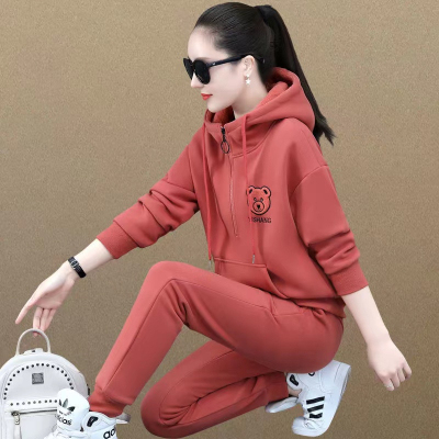Velvet thickened sports suit women's autumn and winter clothing  new hooded pullover sweatshirt casual wear two-piece set Western style