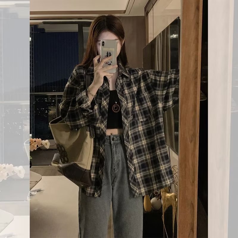 韓式復古長袖格子襯衫外套女春秋季設計感小眾寬鬆百搭翻領襯衣潮