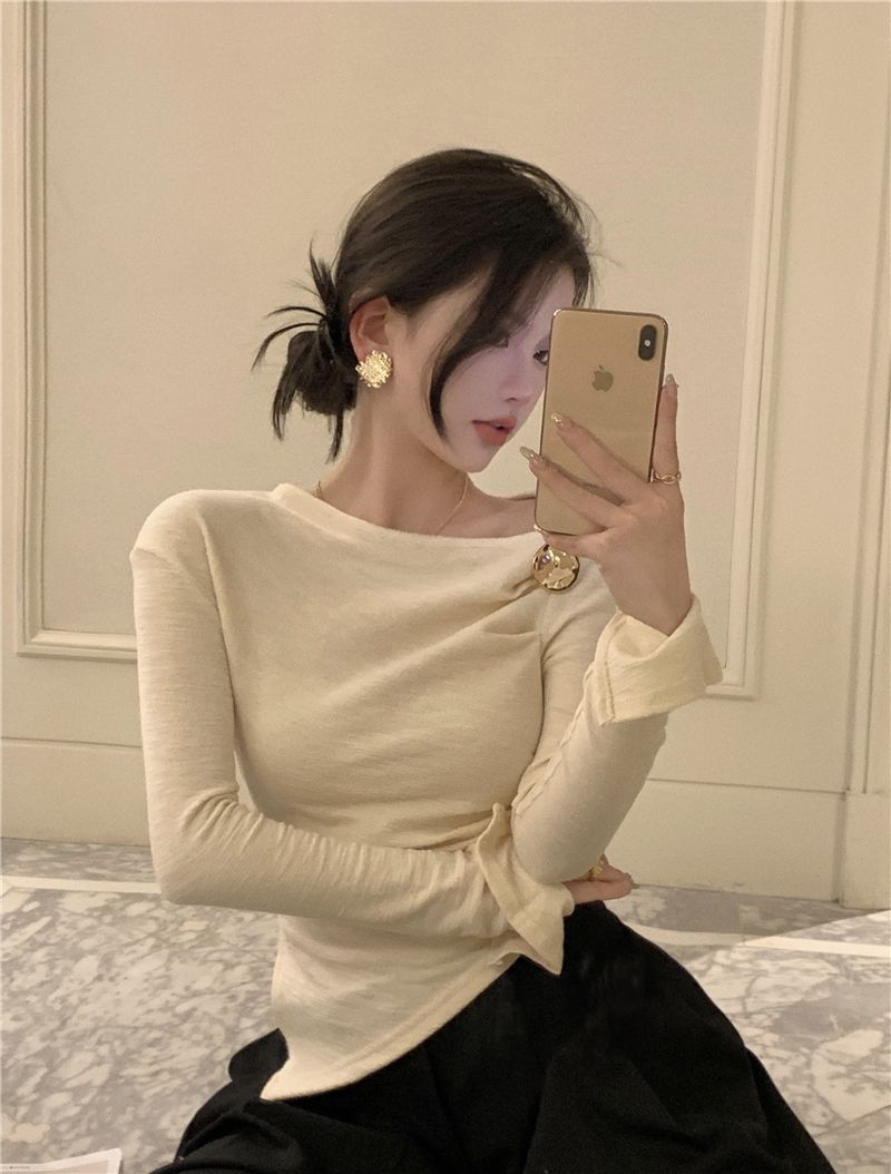 Korean style high-end design irregular pleated long-sleeved T-shirt