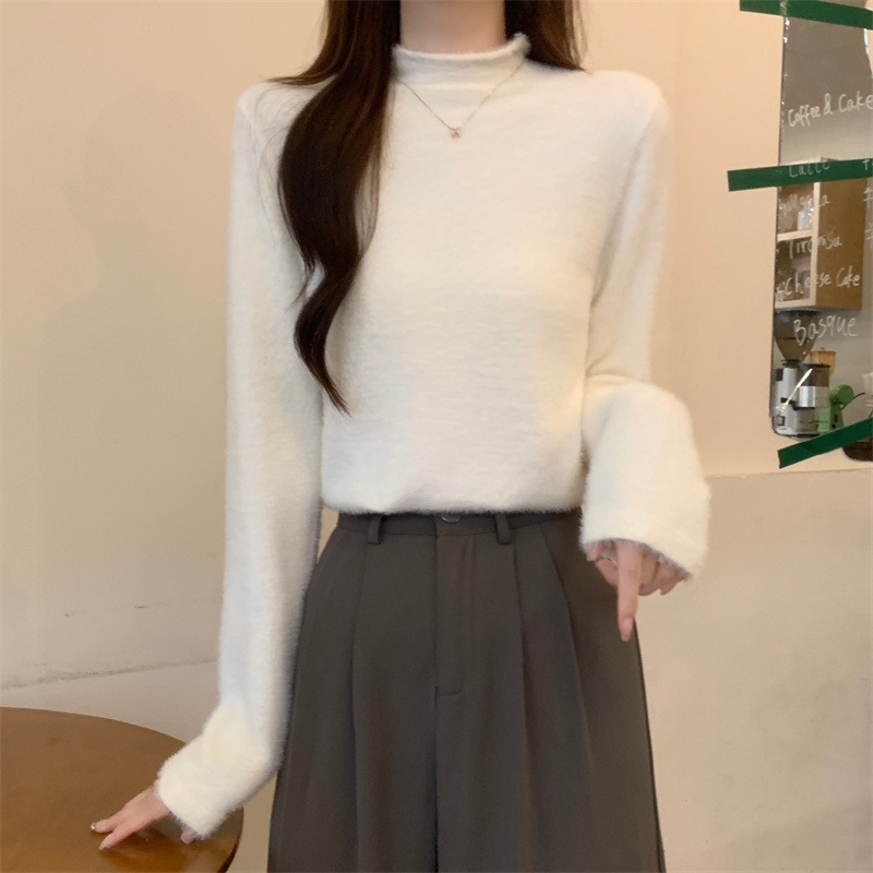 軟糯水貂毛半高領針織毛衣女秋冬寬鬆顯瘦慵懶風加厚保暖長袖上衣