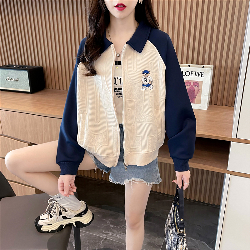實拍 寬鬆翻領棒球服外套女春秋新款提花設計感小眾開衫