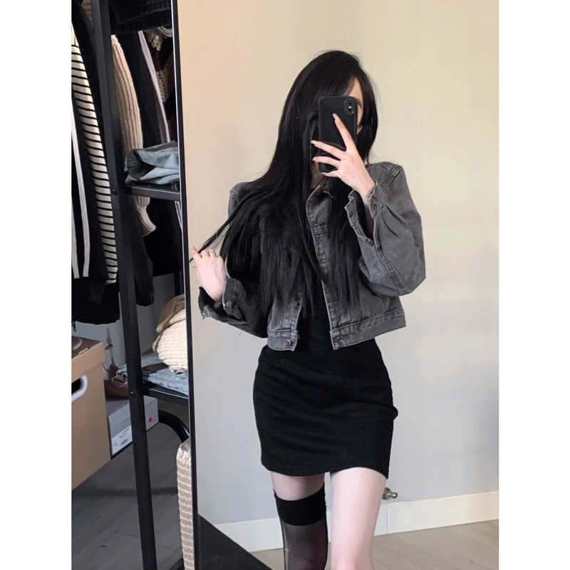 American hot girl right shoulder short denim jacket for women spring and autumn 2023 retro slim and high-end versatile long-sleeved cardigan