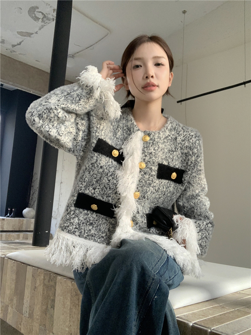 實拍2023秋冬韓版小香風流蘇毛衣開衫外套女