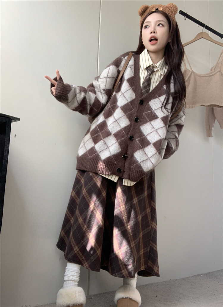 Actual shot ~ Korean style cardigan sweater loose retro rhombus V-neck knitted jacket + striped shirt + skirt