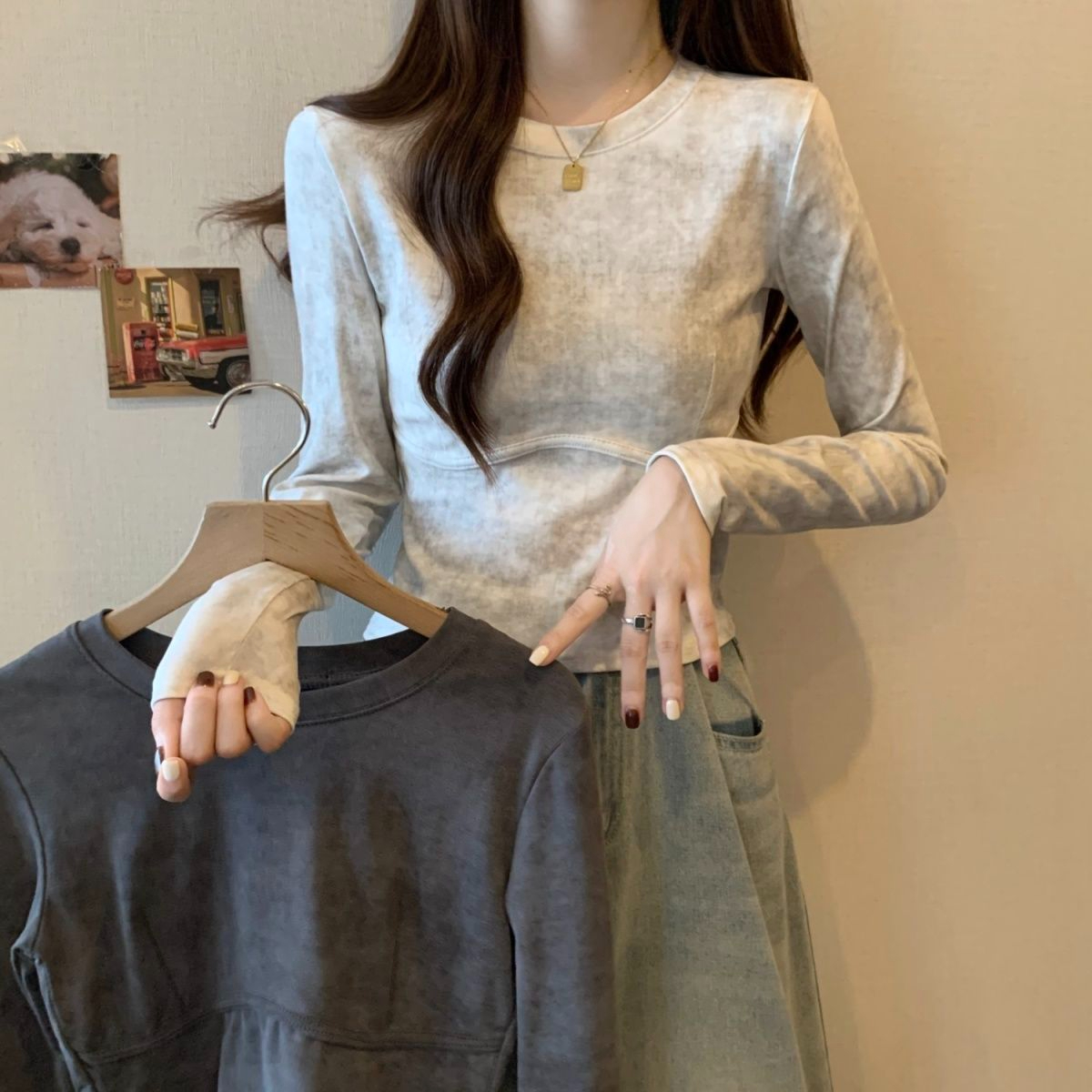 大碼MM胖妹妹復古辣妹扎染長袖t恤女2023秋冬美式設計修身上衣