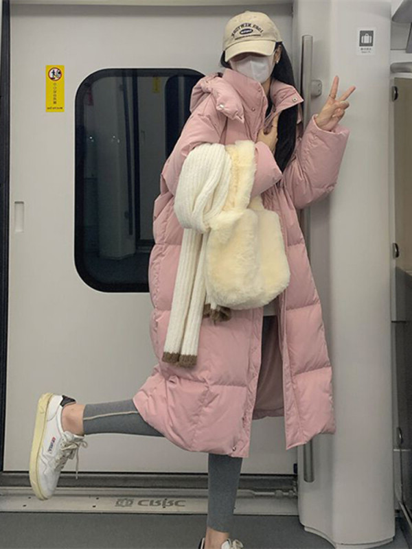 Pink Bread Down Jacket Women's 2023 Winter New Gentle Wind Thickened Warm Mid-Length Over-the-Knee Hooded Jacket