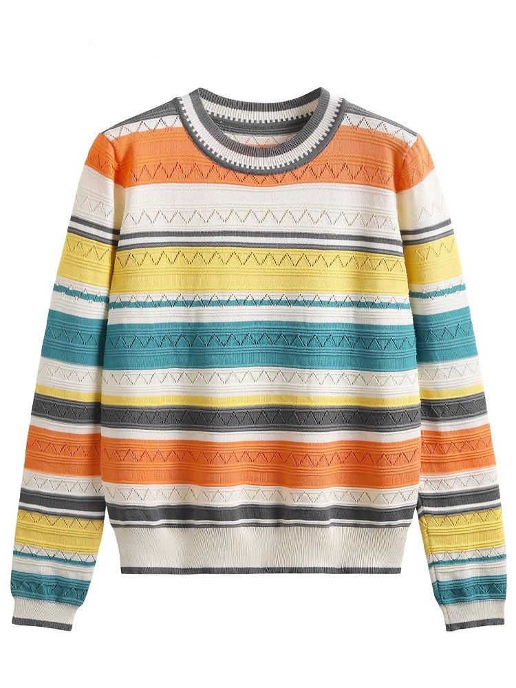 Designed round neck rainbow striped sweater for women in autumn and winter fashionable and western-style color-blocked long-sleeved bottoming sweater