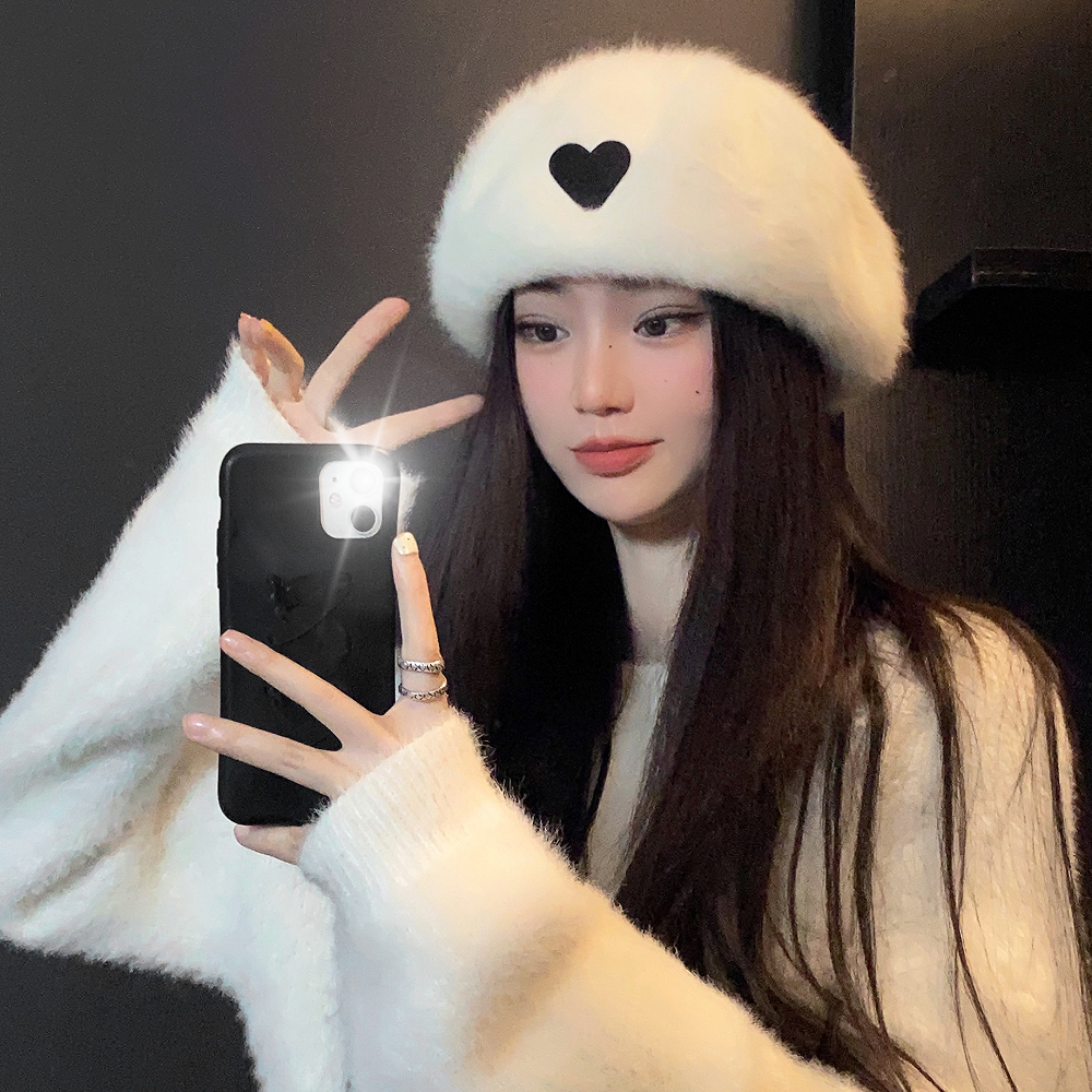 實拍~愛心標貝雷帽子女冬百搭韓版秋復古毛絨毛呢畫家帽子女