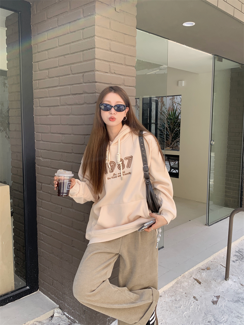 實拍~簡約寬鬆加絨加厚連帽衛衣女+雪尼爾卷邊休閒闊腿拖地褲