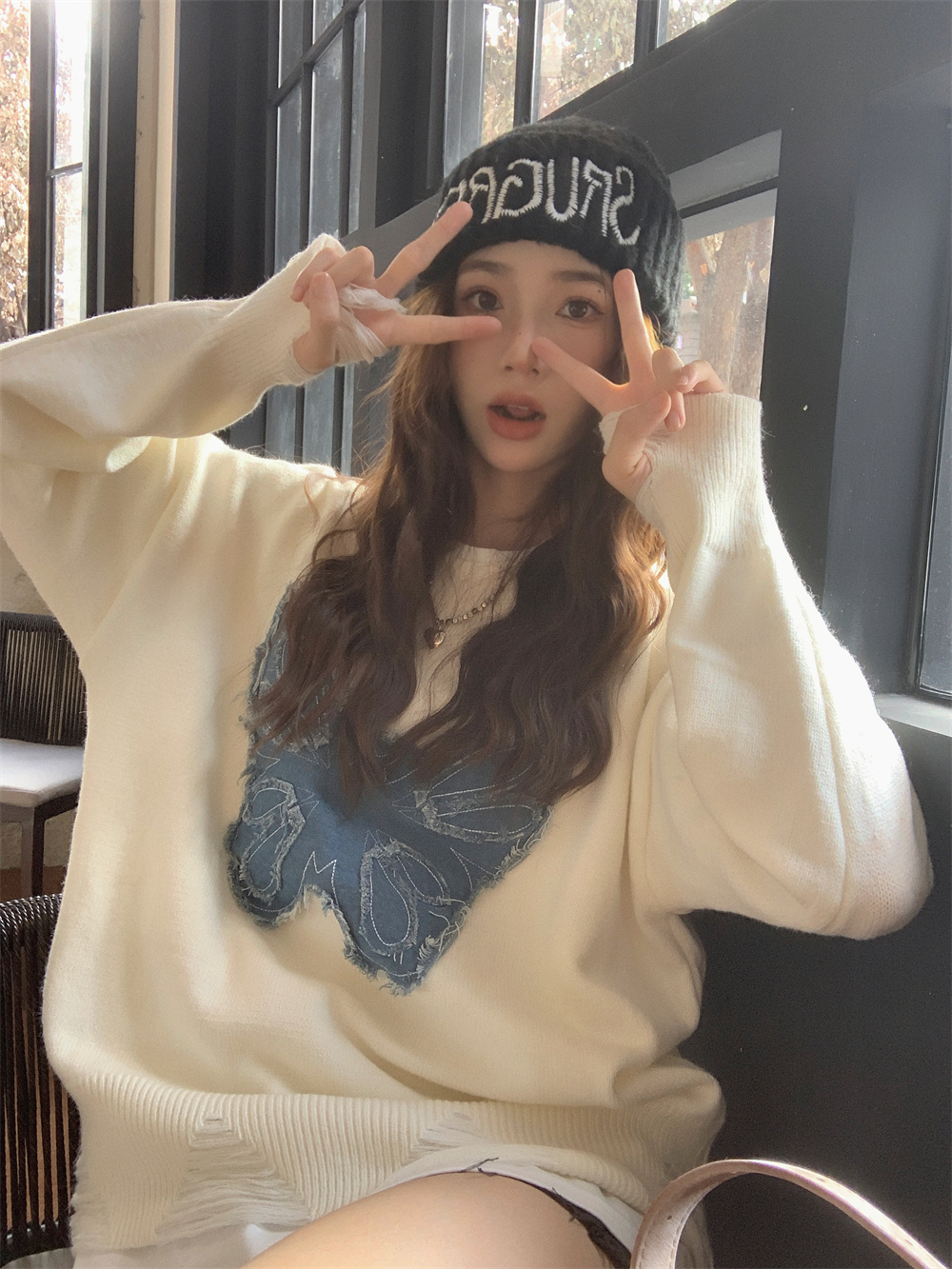 實拍~美式復古牛仔繡破壞風寬鬆慵懶秋冬潮流設計感毛衣上衣