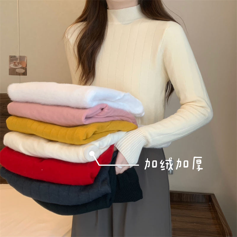 實拍  加絨加厚打底毛衣女一體水貂絨半高領內搭針織衫