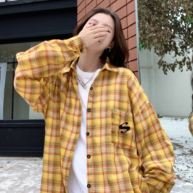 多巴胺黃色格紋秋季薄款格紋襯衣外套女2023復古百搭襯衫情侶上衣
