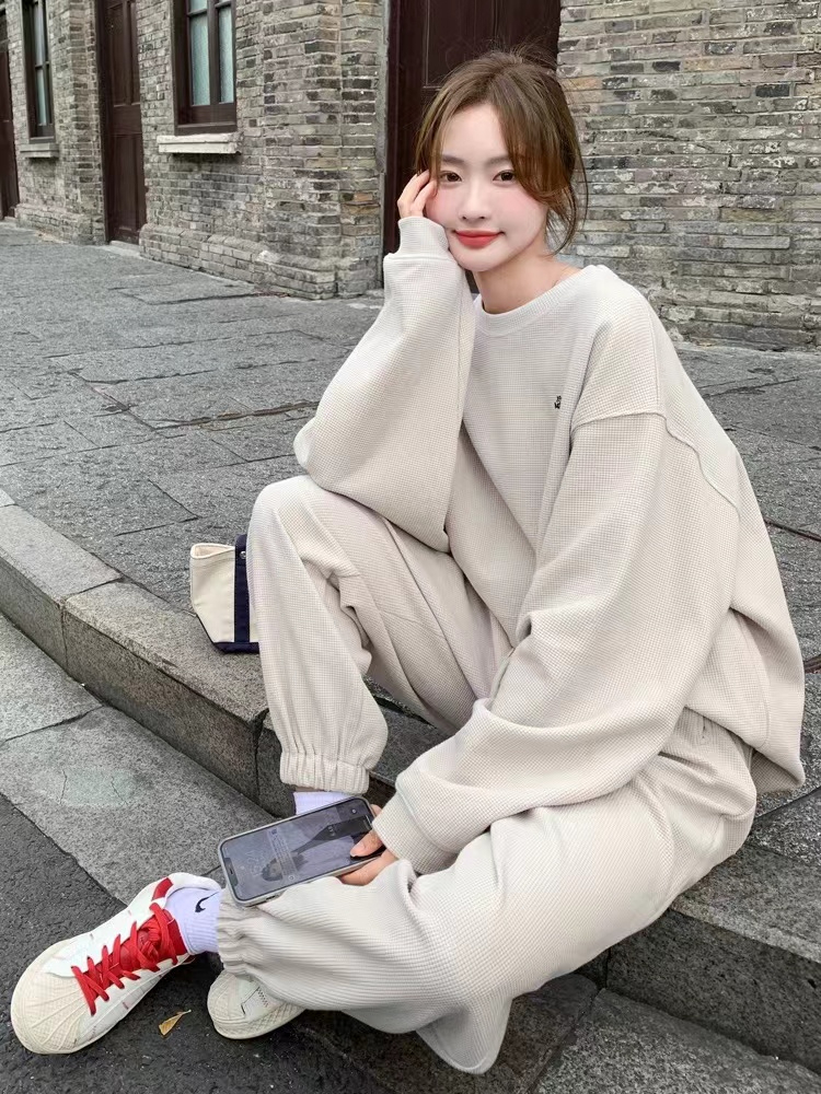 早春秋冬新款華夫格休閒運動衛衣套裝女時尚百搭減齡寬鬆兩件套潮