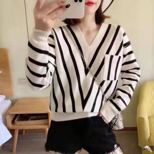 European station  autumn and winter new loose V-neck striped long-sleeved sweater women's design Korean top