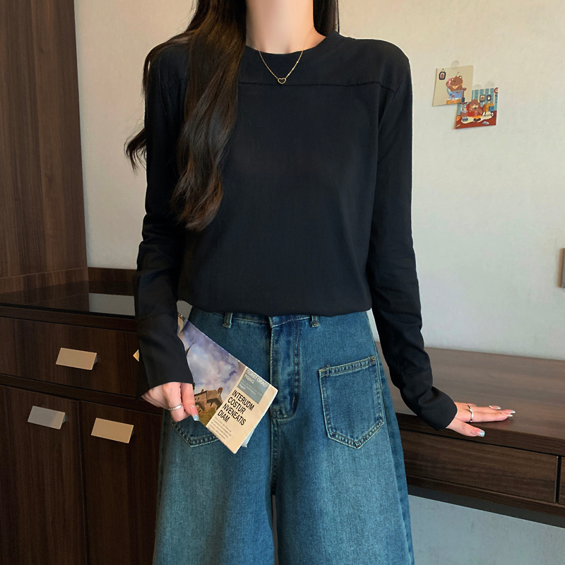 春秋新款簡約純棉白色打底衫女內搭寬鬆襯衫袖長袖t恤上衣