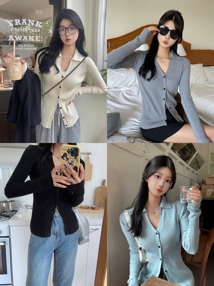 Lazy style thin outer knitted cardigan for women autumn new design sense slim short v-neck top for small people