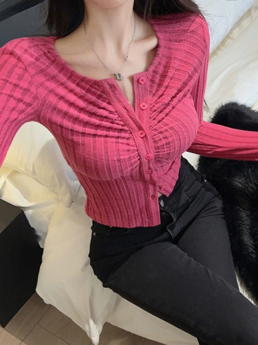 Actual shot of Pure Desire pleated long-sleeved T-shirt women's short slim-fitting top