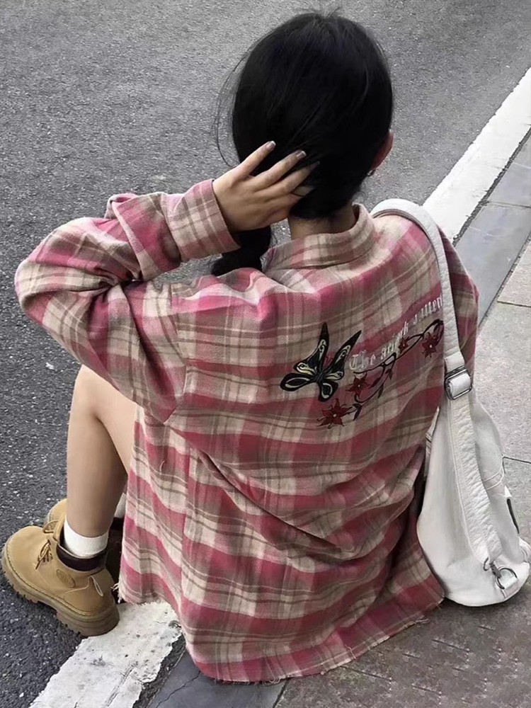 美式小眾設計刺繡粉色格子百搭寬鬆襯衫上衣