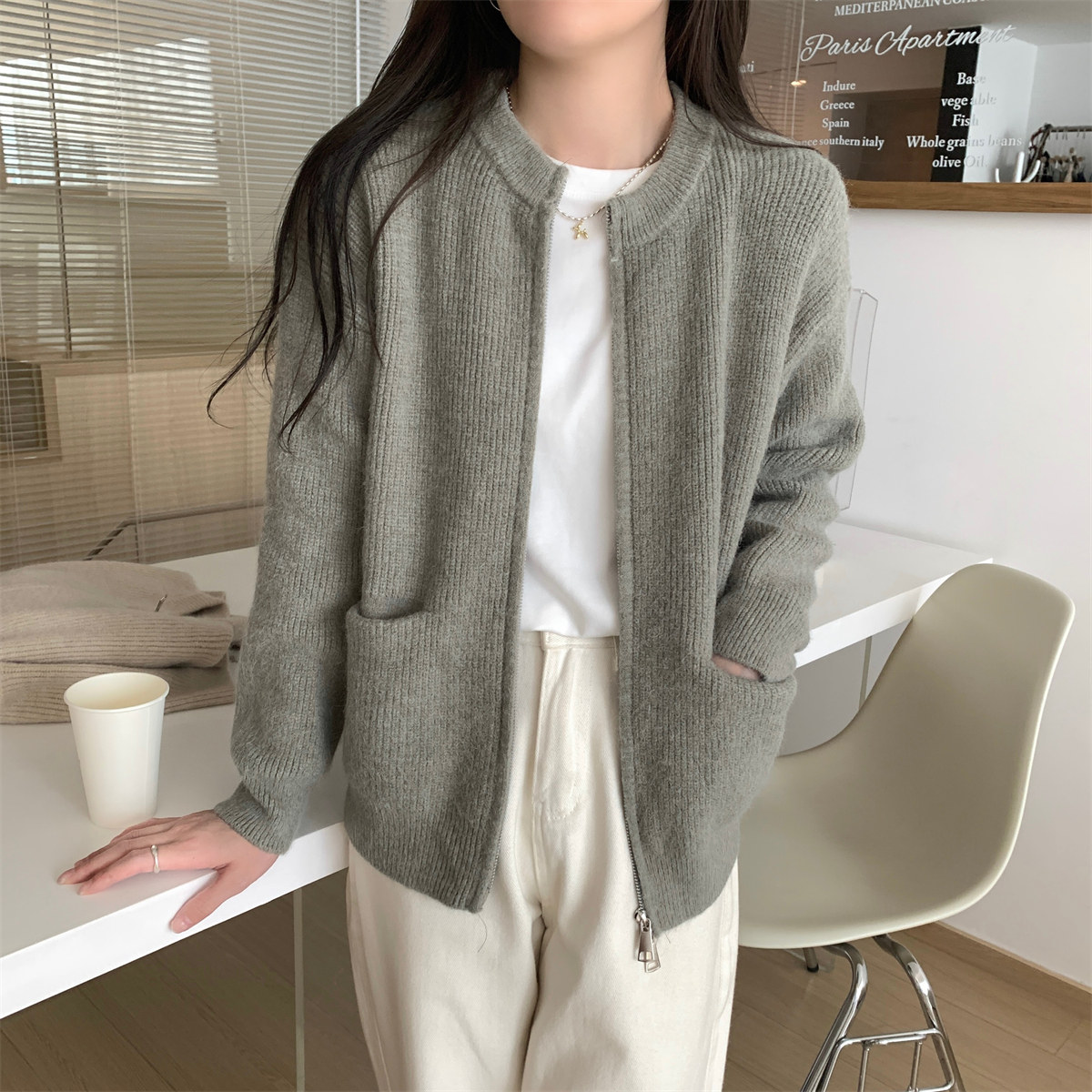 實拍 秋冬韓版寬鬆休閒口袋設計感北極絨拉鏈針織女毛衣外套