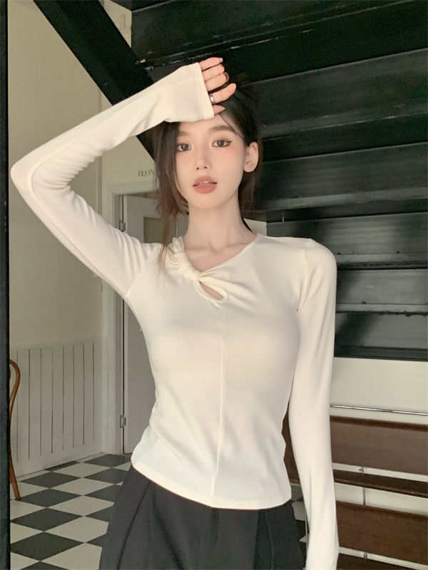 實拍修身內搭女簡約設計感顯瘦百搭打底衫通勤長袖T恤上衣
