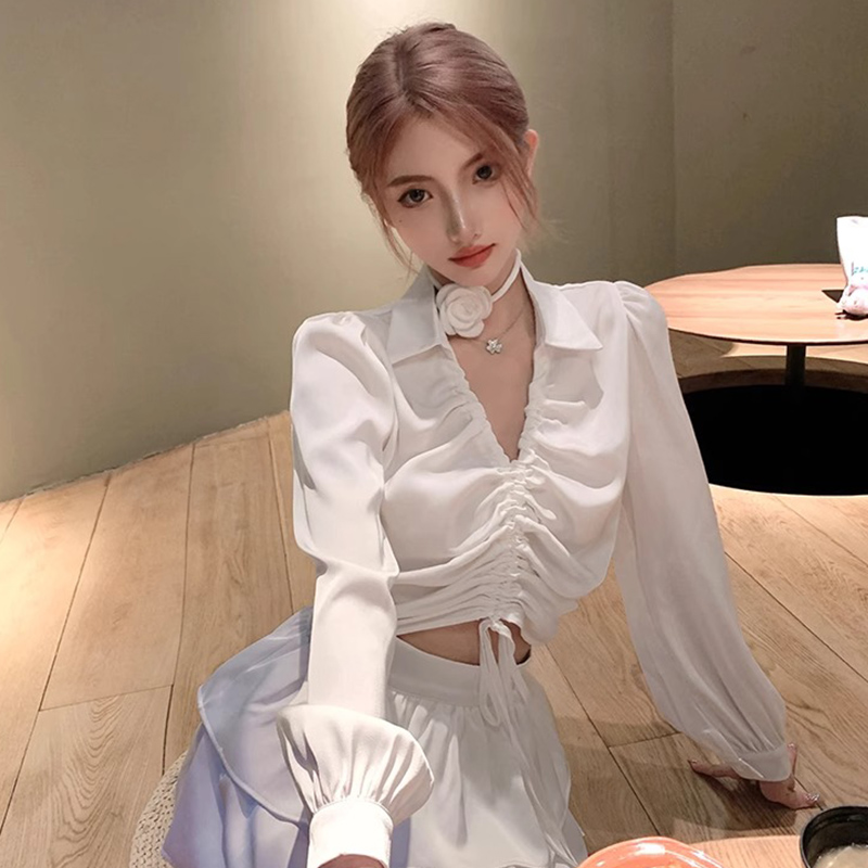 FairyJiang秋冬白色抽繩長袖襯衫女設計感別致褶皺上衣洋氣襯衣