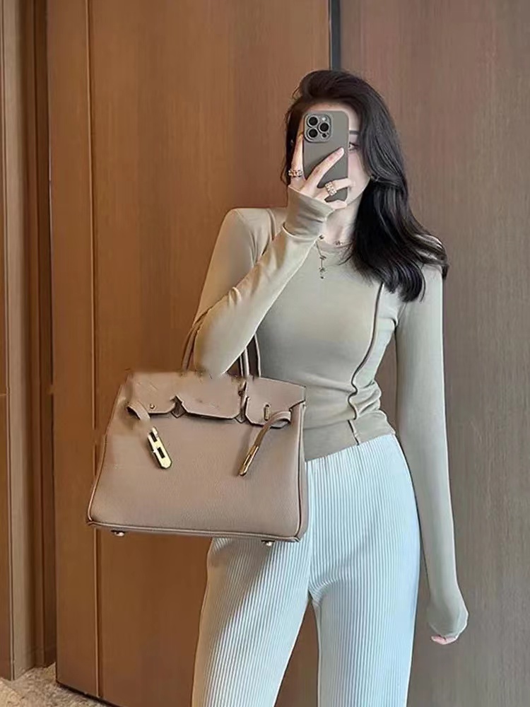 歐貨長袖T恤女2023秋季新款簡約百搭純色打底衫修身顯瘦內搭上衣