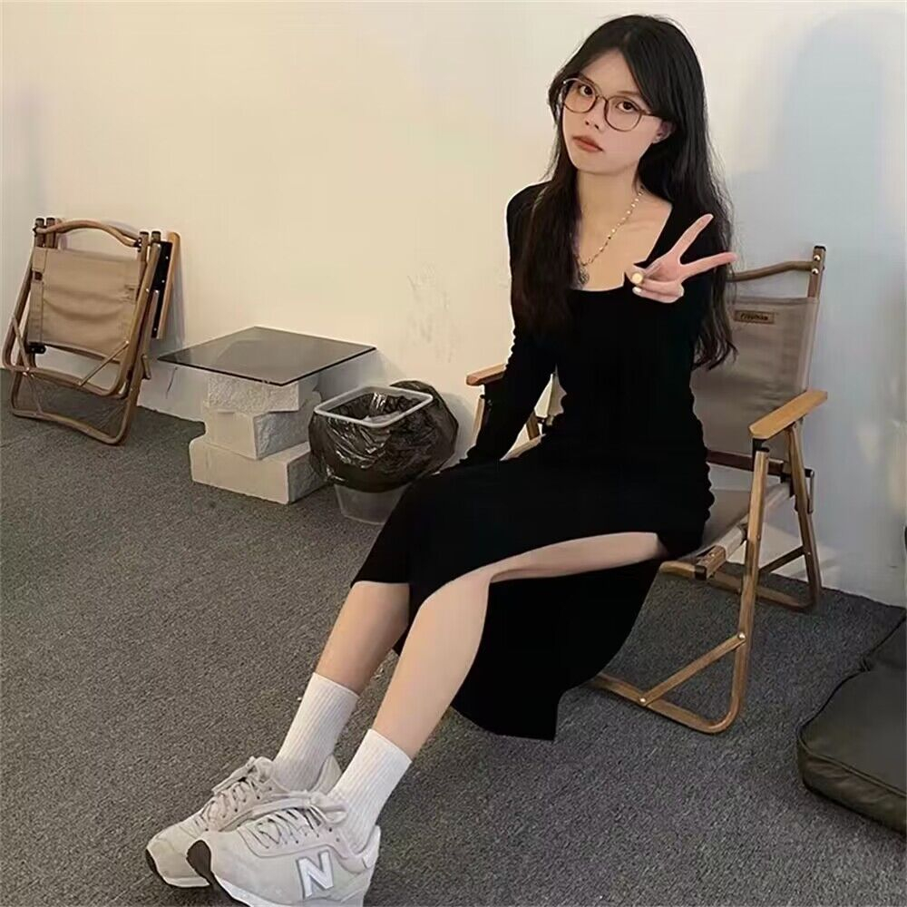 高級感小眾辣妹連衣裙女2023年春裝新款法式復古氣質開叉打底裙子