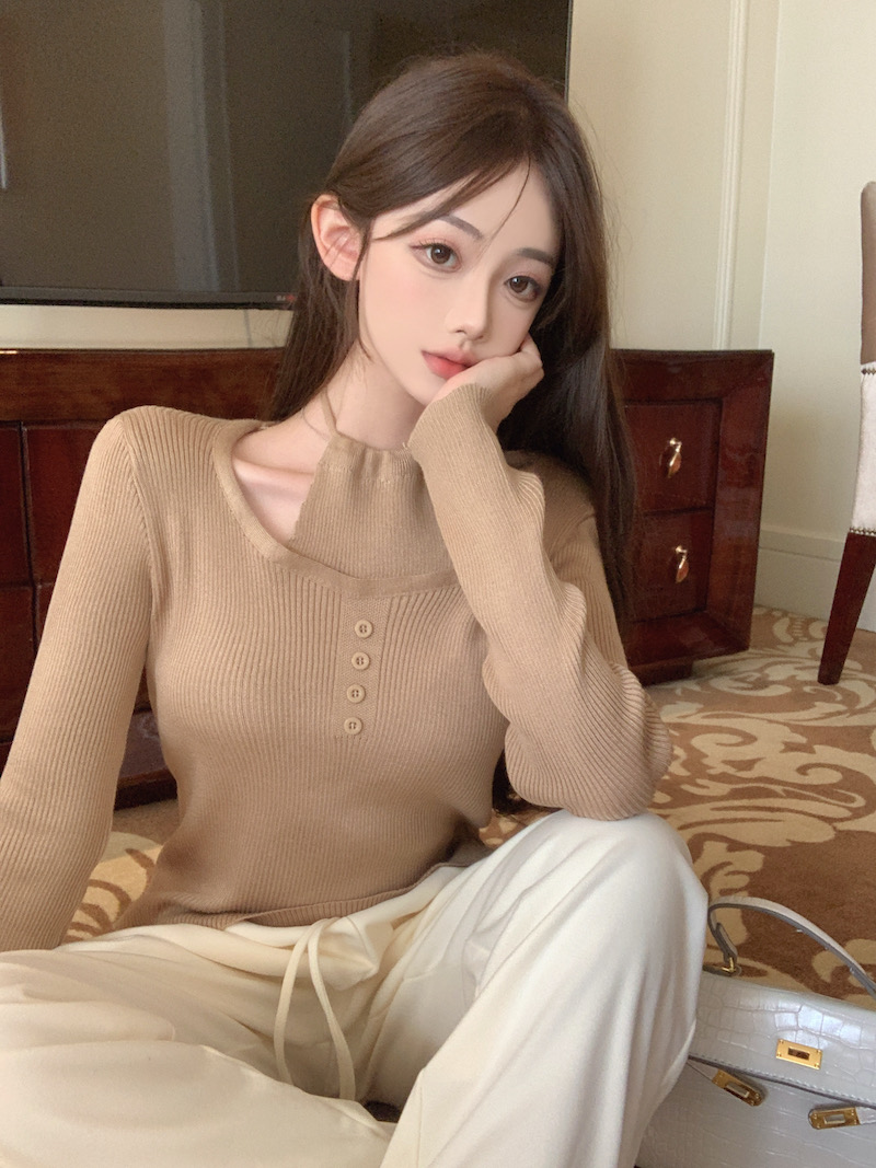 實拍 新款辣妹風掛脖圓領系扣假兩件針織衫女長袖打底衫上衣