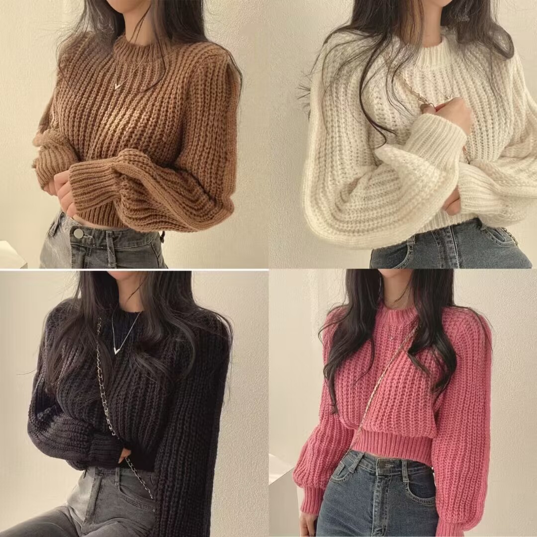 韓版減齡粉色泡泡袖軟糯毛衣女秋冬季時尚御姐風寬鬆套頭針織上衣