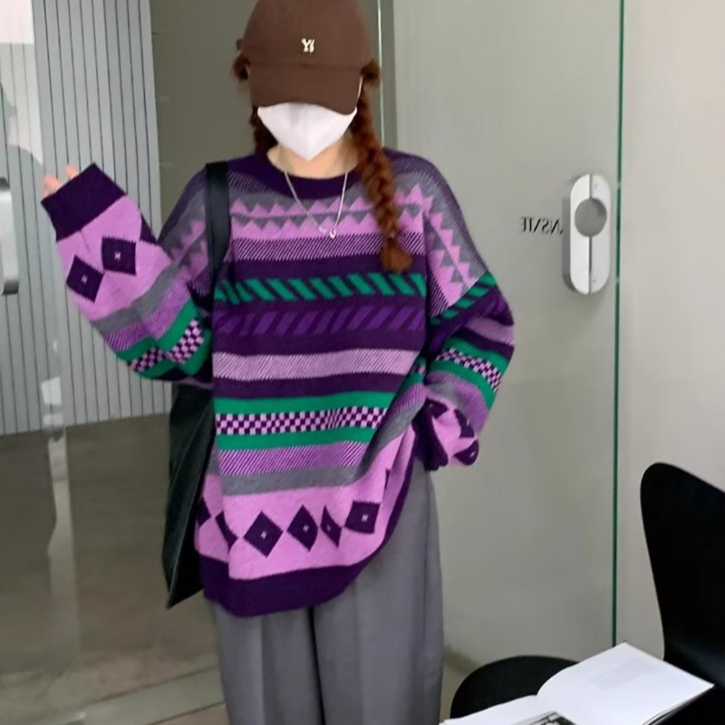 This year's popular contrasting color stitching round neck long-sleeved sweater for women 2023 autumn new fashion loose sweater