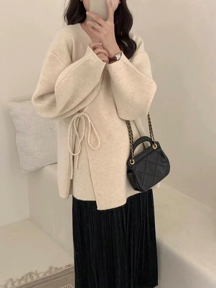 高級感氣質毛衣外套女裝洋氣秋冬冬季設計感斜襟系帶針織開衫