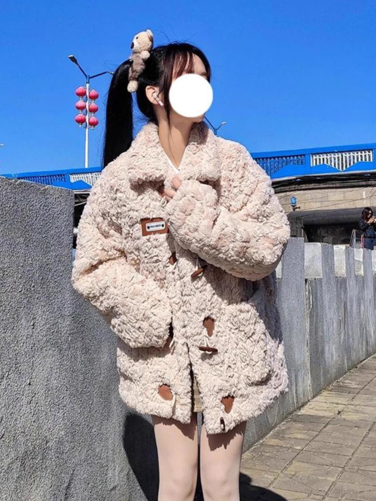 2023新款仿兔絨愛心牛角扣減齡毛茸茸保暖皮草羊羔毛絨外套女冬季