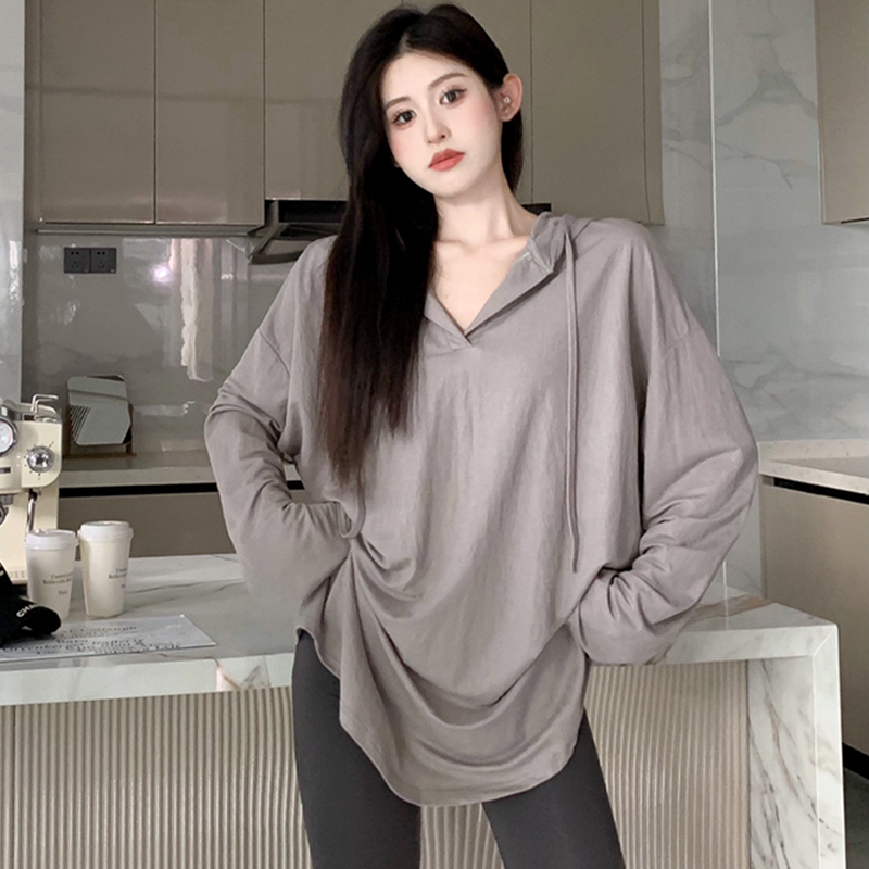 好質量胖妹妹秋季寬鬆連帽長袖T恤女垂感冰絲防曬時尚外套上衣