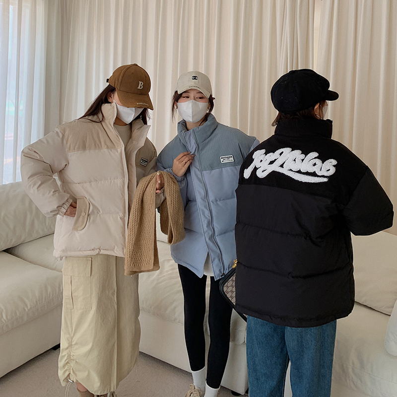 實拍燈芯絨拼接棉服女冬季2023新款情侶oversize復古加厚短款外套