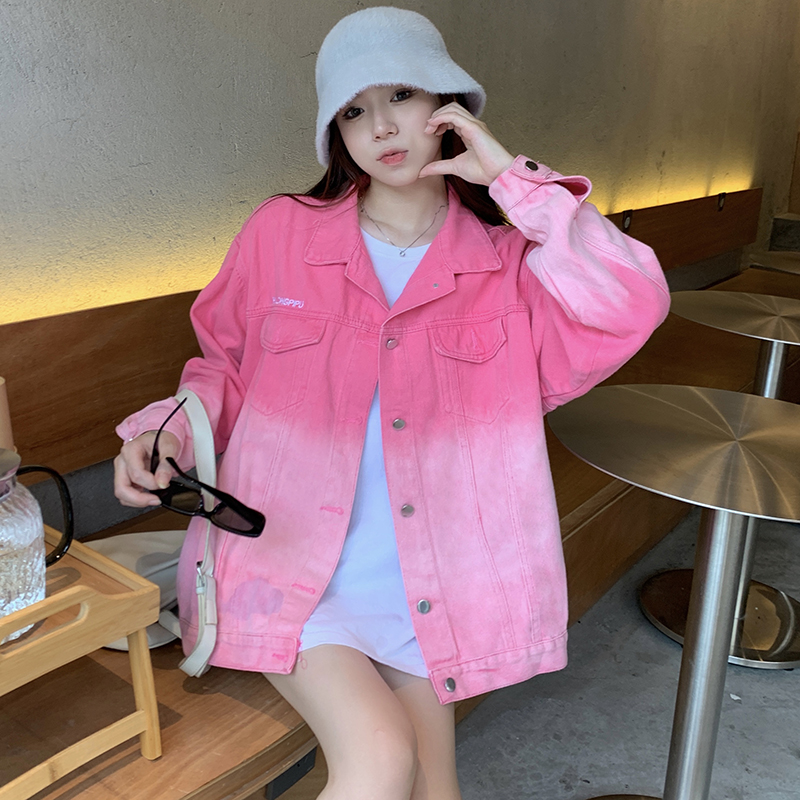 實拍甜酷風漸變牛仔外套女春秋休閒高街小眾慵懶風chic潮牌