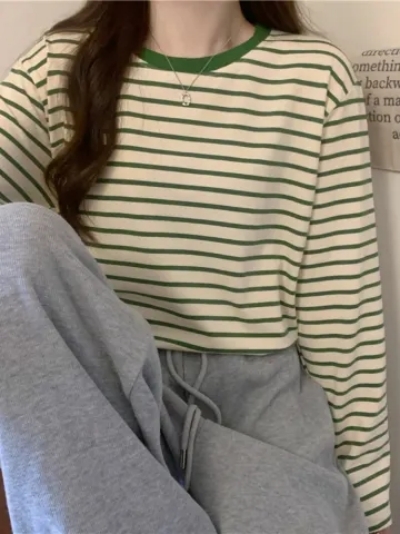 薄款圓領長袖t恤女秋裝新款寬鬆顯瘦百搭條紋打底衫