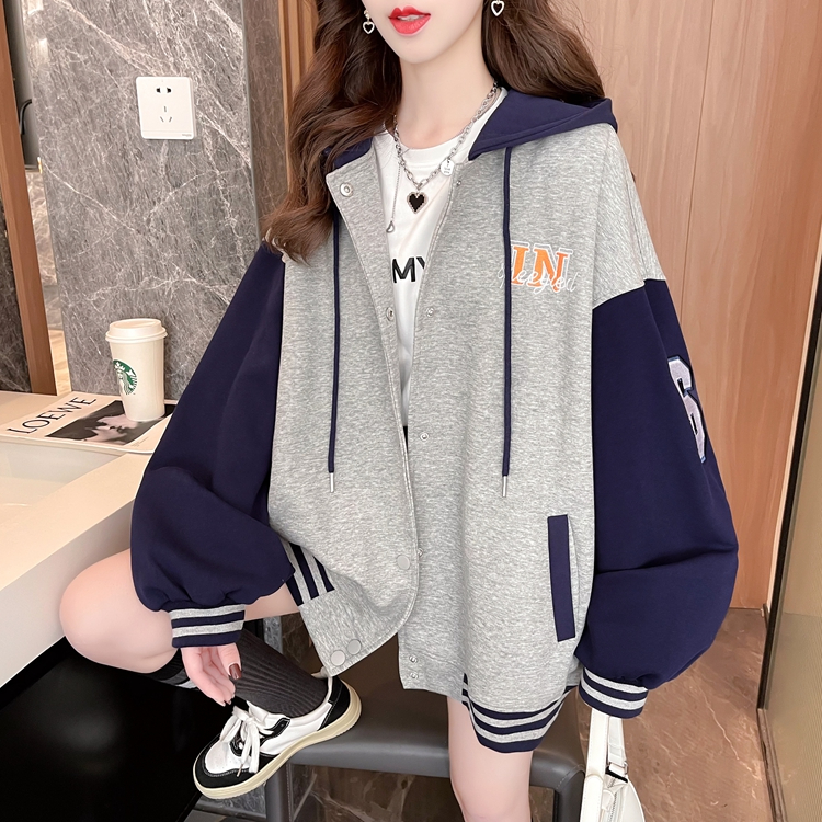 實拍華棉銀狐絨 寬鬆連帽棒球服外套女秋冬設計感拼接刺繡開衫
