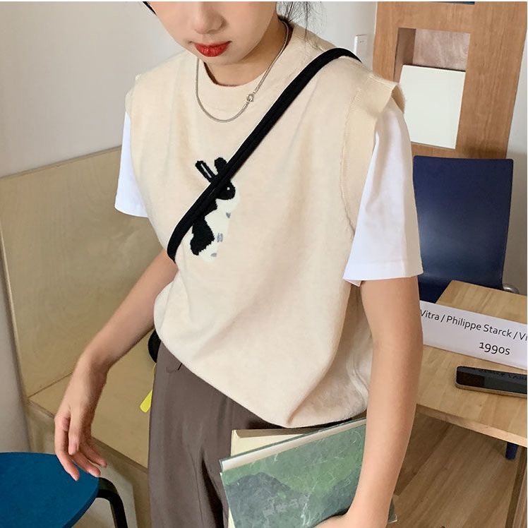 韓版復古圓領毛衣可愛兔子提花針織背心外搭馬甲無袖坎肩女